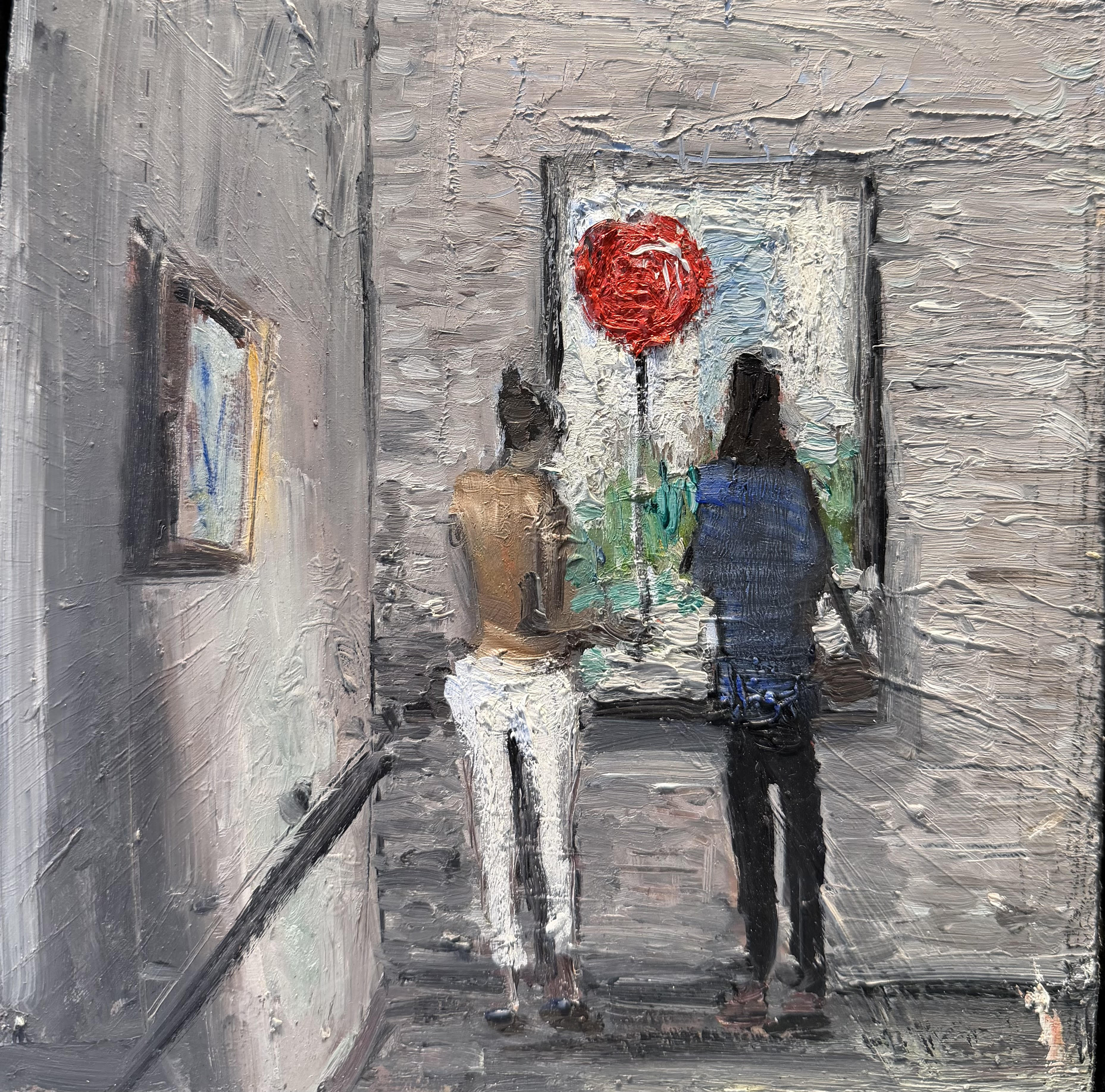 Woman with balloon looking at my painting